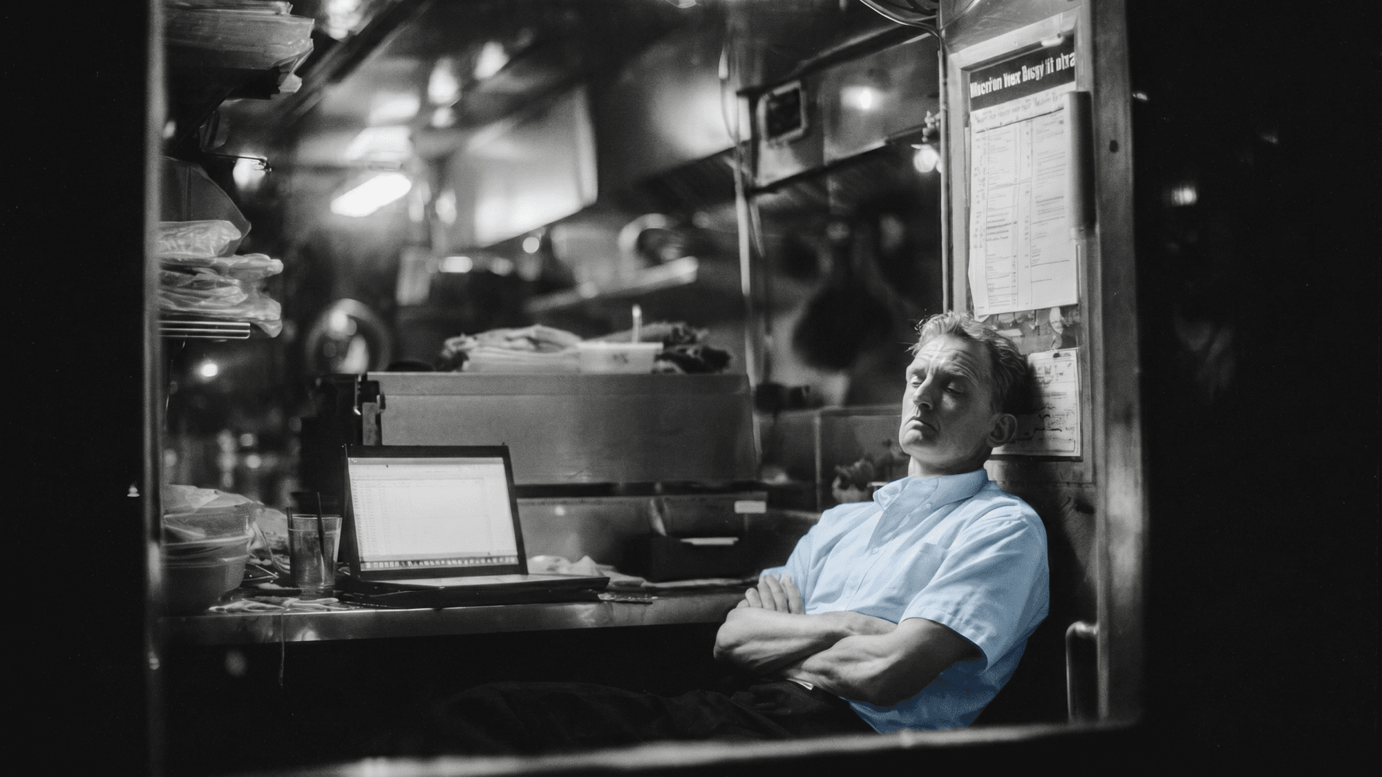 Exhausted restaurant owner at a cramped back-office desk, late at night