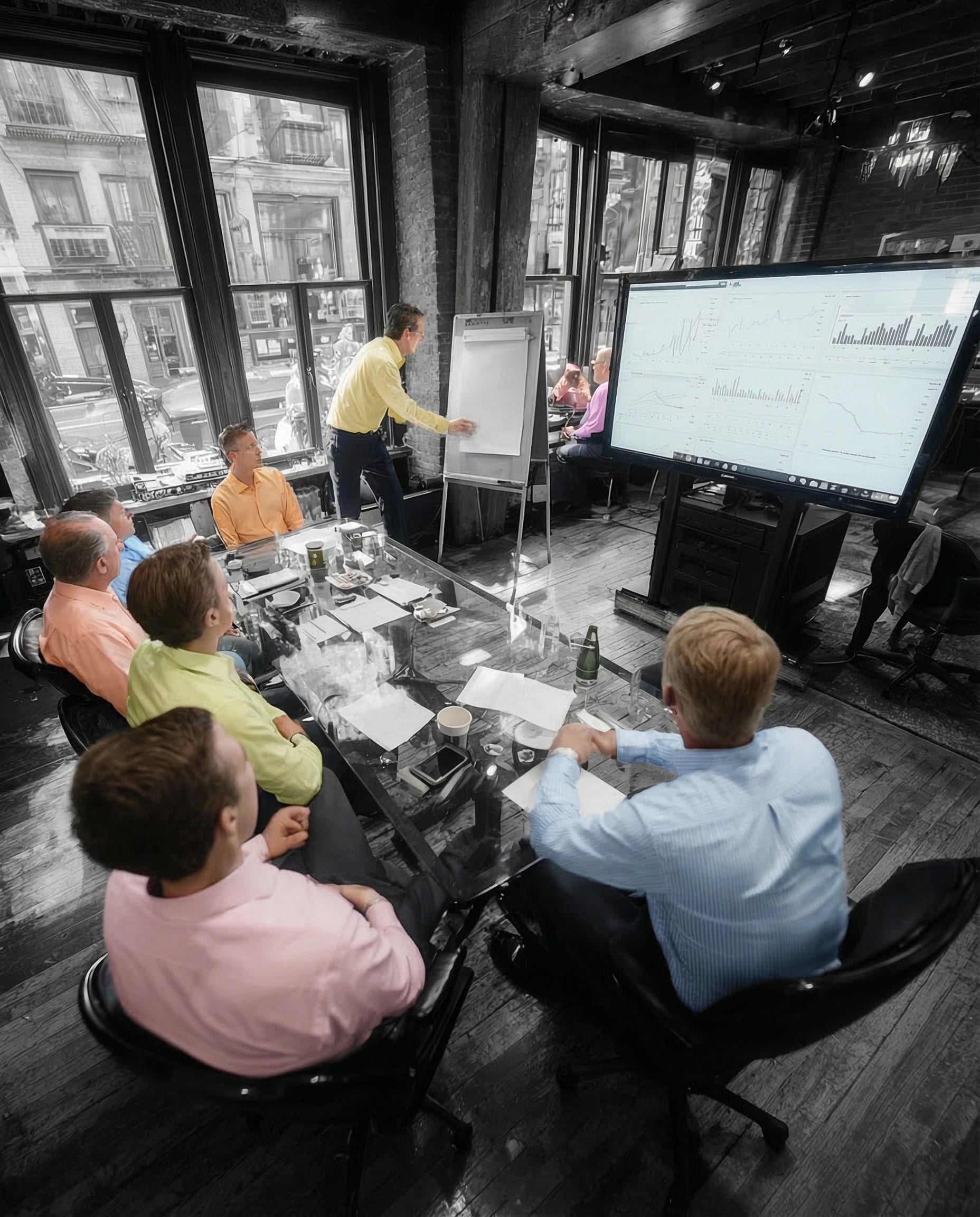 Restaurant group leadership in a strategy meeting